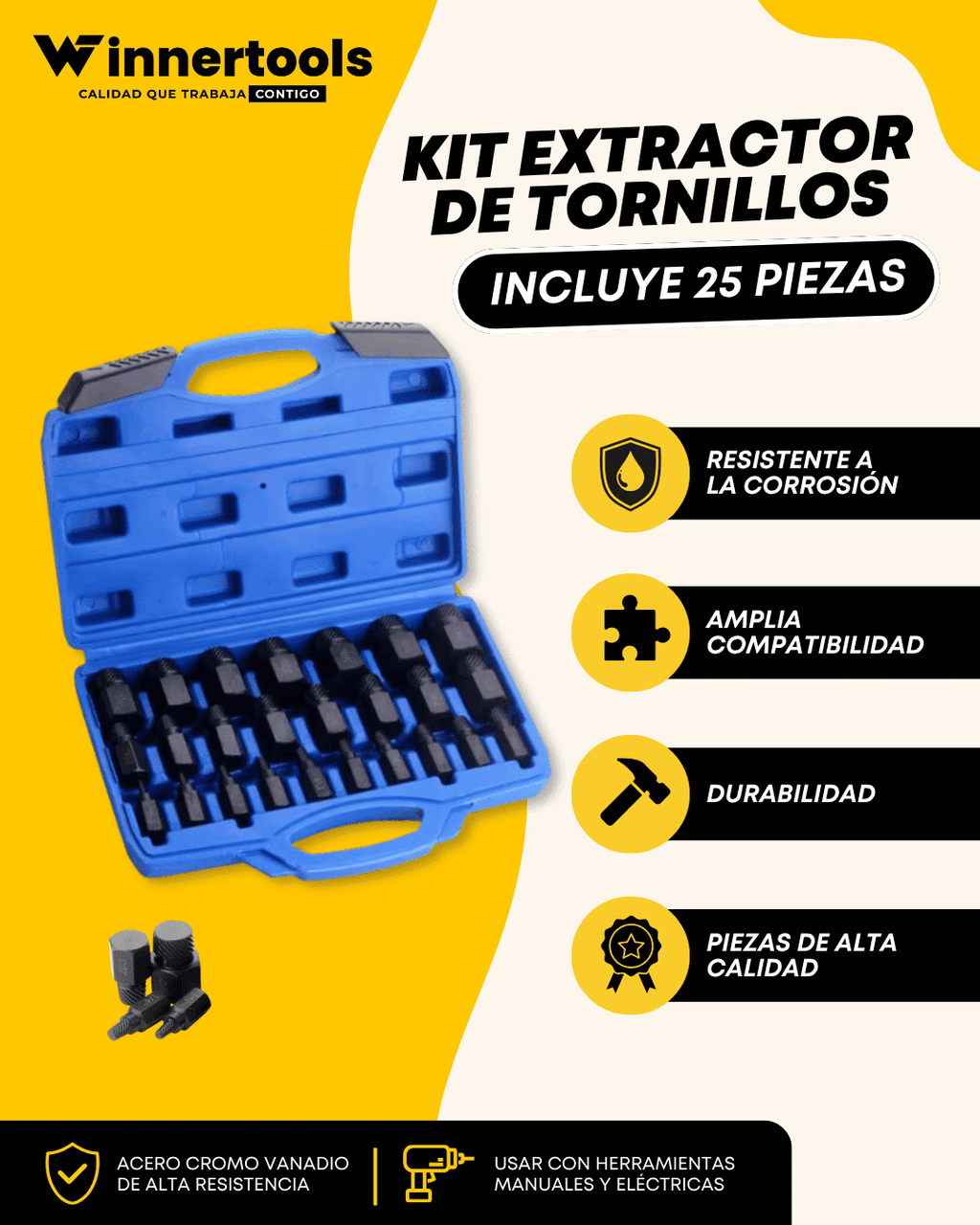 Kit Extractor de Tornillos y Pernos Dañados (Set Profesional de 25 Piezas)